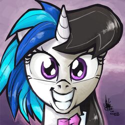 1:1 2014 alternate_species black_hair blue_hair bow_(feature) bow_tie equid equine female friendship_is_magic fusion hair hasbro headshot_portrait horn mammal my_little_pony mythological_creature mythological_equine mythology octavia_(mlp) portrait purple_eyes reaction_image smile solo split_personality theartrix unicorn vinyl_scratch_(mlp)