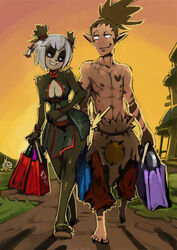 ankama anthro barefoot bear bittenhard blush bob_cut breasts cleavage cleavage_cutout clothed clothing cutout dofus duo feet female footwear hip_bump male mammal noseless pandawa purple_eyes sacrier sandals shopping skimpy smile sunset tattoo topless wakfu walking wide_hips