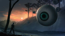 16:9 ambiguous_gender armor battle bloodshot_eyes cliff cloud dark detailed_background digital_media_(artwork) eldritch_abomination eye_creature eye_of_cthulhu_(terraria) eyeball floating forest group hi_res human jake_neal lol_comments lovecraftian_(genre) mammal melee_weapon midair moon not_furry outside plant river size_difference sky sphere_creature standing sun sunset sword terraria tree twilight vein weapon widescreen