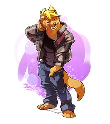 anthro barefoot biped blonde_hair brown_body brown_fur closed_eyes clothed clothing facial_markings feet fur hair head_markings herpestid hi_res male mammal markings mongoose seth_h&auml;ser solo super-tuler