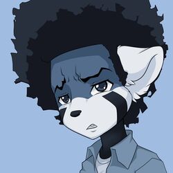 1:1 2014 afro ailurid alternate_species anthro biped black_nose blue_eyes bust_portrait clothed clothing curled_hair digital_media_(artwork) disgust fully_clothed furrification hair huey_freeman kinky_hair malachyte male mammal monochrome portrait reaction_image red_panda solo the_boondocks