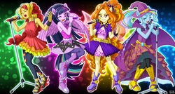 2014 adagio_dazzle_(eg) animal_humanoid blue_body blue_hair closed_eyes clothing electronics equestria_girls equid equid_humanoid equine equine_humanoid feathered_wings feathers female group hair hasbro hat headgear headwear humanoid insect_wings long_hair looking_at_viewer mammal mammal_humanoid microphone multicolored_hair my_little_pony one_eye_closed open_mouth orange_hair purple_body purple_eyes purple_hair purple_skin singing sunset_shimmer_(eg) trixie_(eg) twilight_sparkle_(eg) two_tone_hair uotapo wings wink yellow_body