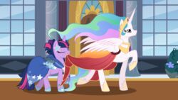 16:9 absurd_res alicorn closed_eyes clothing dress duo equid equine feathered_wings feathers female feral friendship_is_magic fur hair hasbro hi_res horn inside long_hair mamandil mammal multicolored_hair my_little_pony mythological_creature mythological_equine mythology princess_celestia_(mlp) purple_body purple_fur purple_hair royalty twilight_sparkle_(mlp) two_tone_hair unicorn white_body white_fur widescreen window wings