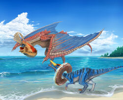 2010 absurd_res ambiguous_gender avian beach beak bird_wyvern blue_body blue_scales bone_frill capcom claws cloud dinosaur donut_pool_toy donut_print dragon dromaeosaurid duo european_mythology extinct feet feral food_pool_toy food_print frill_(anatomy) head_crest hi_res inflatable inner_tube membrane_(anatomy) membranous_frill membranous_wings monster_hunter mythological_creature mythological_scalie mythology outside pool_toy prehistoric_species print_pool_toy reptile scales scalie seaside sky swim_ring swim_ring_on_head tail talons theropod toes unknown_artist velociprey velociraptor western_dragon wings wyvern yellow_eyes yian_kut-ku