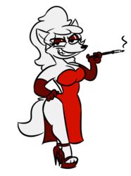 anthro armwear biped breasts canid canine canis cigarette clothing dress elbow_gloves female footwear gloves hair handwear high_heels looking_at_viewer mammal platform_footwear platform_heels rusheloc shoes smile smoking solo wolf