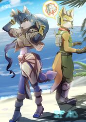 2014 anthro blue_body blue_fur blue_hair breasts canid canine canon_couple clothed clothing duo female fox fox_mccloud fur hair krystal_(star_fox) layeyes male mammal nintendo star_fox white_body white_fur