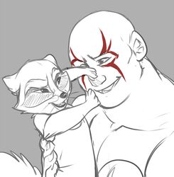 2014 anthro carrying_another digital_media_(artwork) drax_the_destroyer duo guardians_of_the_galaxy hand_on_face jailbird male mammal marvel playful procyonid raccoon rocket_raccoon size_difference sketch smile teeth