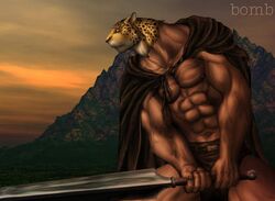 3d_(artwork) abs animal_head athletic belt biceps big_muscles bomb_(artist) cape clothed clothing digital_media_(artwork) faceless_character faceless_male felid for_a_head glistening grasp guin guin_saga holding_melee_weapon holding_object holding_sword holding_weapon humanoid leopard looking_away male mammal manly mask melee_weapon mountain muscular muscular_male navel nipples outside pantherine pecs pose shadow solo spots standing sword topless vein veiny_muscles weapon