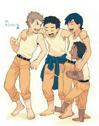  4boys age_difference arm_around_neck bad_id bad_pixiv_id barefoot belt black_hair blush boo_(ima_soko_ni_iru_boku) brown_hair closed_eyes copyright_name dark-skinned_male dark_skin ima_soko_ni_iru_boku lolicon looking_at_another looking_back male_focus matsutani_shuuzou multiple_boys nabuca nabuka open_mouth simple_background standing sweatdrop t_k_g tabool tank_top white_background 