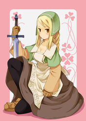  agrias_oaks b.tarou bad_id bad_pixiv_id blonde_hair blush braid braided_ponytail breasts brown_eyes chemist_(fft) class_change cleavage commentary_request female final_fantasy final_fantasy_tactics gloves medium_breasts no_nose on_one_knee pantyhose photoshop_(medium) single_braid solo sword weapon 