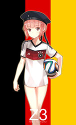  2014_fifa_world_cup adidas alternate_costume ball bare_legs blush brazuca brown_eyes brown_hair character_name clothes_writing commentary_request eight_tohyama female flag_background flat_chest german_flag germany hat highres kantai_collection looking_at_viewer no_pants red_eyes red_hair sailor_hat short_hair soccer soccer_ball soccer_uniform solo sportswear world_cup z3_max_schultz_(kancolle) 