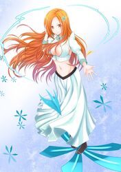  bi_lianyi bleach bleach:_sennen_kessen-hen boots breasts brown_footwear cleavage cleavage_cutout clothing_cutout commentary_request detached_sleeves female floating_hair flower full_body hair_flower hair_ornament highres inoue_orihime long_hair long_skirt looking_at_viewer medium_breasts midriff navel orange_hair outstretched_arm palms shun_shun_rikka skirt smile solo stomach very_long_hair white_skirt wind 