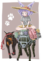  absurdres animal animal_ears bag bandana barefoot bigdog boston_dynamics bucket canine clothed_animal collar commentary dobermann dog_child_(doitsuken) dog_ears doitsuken ears_through_headwear female grey_shirt hat highres indian_style lolicon looking_at_another looking_down non-humanoid_robot original paw_print pouch purple_background red_eyes robot robot_animal school_bag shirt short_hair short_sleeves shorts sitting slit_pupils spiked_collar spikes straw_hat walking yellow_shorts yurie_mouth 