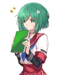  ahoge blue_neckerchief blush book commentary duplicate female flower green_eyes green_hair hair_flower hair_ornament highres holding holding_book kamihama_university_affiliated_school_uniform kan&#039;yu_(citron_82) long_sleeves looking_at_viewer magia_record:_mahou_shoujo_madoka_magica_gaiden mahou_shoujo_madoka_magica natsume_kako neckerchief parted_lips pixel-perfect_duplicate pleated_skirt school_uniform serafuku short_hair simple_background skirt solo star_(symbol) upper_body white_background 