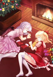  2girls bat_wings blonde_hair blush christmas_tree closed_eyes commentary_request fireplace flandre_scarlet greave_(asterism) lying multiple_girls no_headwear on_floor on_side ponytail purple_hair remilia_scarlet rug short_hair siblings side_ponytail sisters sleeping smile stuffed_animal stuffed_toy teddy_bear thighhighs touhou white_thighhighs wings wooden_floor 