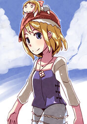  alice_margatroid blonde_hair blue_eyes casual collarbone commentary_request female hat jewelry mayuge_inu on_head pendant shanghai_doll solo touhou 