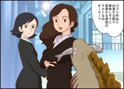  2girls black_border black_eyes black_hair border brown_eyes brown_hair commentary_request crossed_arms earrings fish formal frown godzilla_(series) jacket jewelry kayoco_anne_patterson light monster_in_kamata multiple_girls ogashira_hiromi open_mouth shin_godzilla studio_ghibli_(style) suit suit_jacket tanaka_keiichi translation_request 