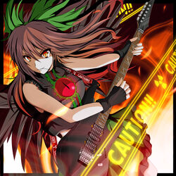  alternate_costume bow brown_hair caution commentary_request electric_guitar female fingerless_gloves fuoco gloves green_bow guitar hairbow ibanez instrument lazy_sound_life long_hair radiation_symbol red_eyes reiuji_utsuho smile solo third_eye touhou 