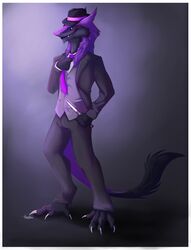  abstract_background aimee-lesley-sim anthro avoid_posting black_body black_fur black_sclera blue_eyes bottomwear clothed clothing fur hat headgear headwear hi_res knife looking_at_viewer lootz male necktie pants purple_body purple_fur purple_theme sergal simple_background smile solo suit weapon 