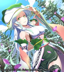  bare_shoulders blue_hair bracelet commentary_request dated detached_sleeves dutch_angle female green_eyes green_nails hat japanese_clothes jewelry kentairui leaf long_hair looking_down lord_of_knights nail_polish obi official_art petals sash smile solo thighhighs tree very_long_hair 