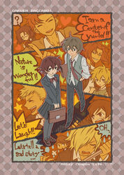  3girls 6+boys ar_(rikuesuto) baccano! blonde_hair book brown_hair chane_laforet christopher_shouldered claire_stanfield commentary_request contemporary czeslaw_meyer elmer_albatross ennis firo_prochainezo glasses graham_specter long_hair multiple_boys multiple_girls painttool_sai_(medium) parody ricard_russo school_uniform shaft_(baccano) sharp_teeth short_hair teeth 