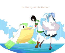  2girls altaria alternate_color beak bird blue_feathers commentary_request crossover english_text feathers fluffy green_feathers hand_in_another&#039;s_mouth hand_in_mouth holding holding_pokemon kumoi_ichirin multiple_girls murasa_minamitsu no_headwear pelican pelipper photoshop_(medium) pokemon pokemon_(creature) shiny_pokemon touhou white_feathers yuzuki_(rinka01) 