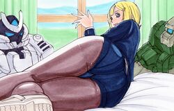  ass bad_id bad_pixiv_id bed black_legwear blonde_hair blue_eyes curtains female hayami_jin highres jamie_hazaford legs looking_back open_mouth pantyhose pantyhose_under_shorts shirogane_no_ishi_argevollen shoes short_hair shorts thighs traditional_media window 