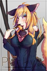  2:3 3doss anthro blonde_hair blush breasts canid canine cleavage clothed clothing english_text female food fox hair long_hair looking_at_viewer mammal pocky pupils slit_pupils smile solo text 