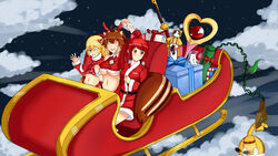  3girls animal_ears blazblue blonde_hair bow breasts brown_hair christmas cloud commentary_request gift green_eyes guilty_gear hair_tubes hakumen highres jubei_(blazblue) large_breasts long_hair makoto_nanaya midriff muchourin multiple_girls naginoya navel noel_vermillion paracelsus_(guilty_gear) red_hair santa_costume short_hair sky sleigh squirrel_ears squirrel_girl squirrel_tail sword tail tsubaki_yayoi underboob weapon 