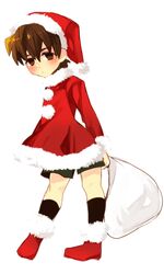  1boy aged_down boots brown_eyes brown_hair commentary_request fate/zero fate_(series) hat kotomine_kirei lolicon male_focus mogupen sack santa_costume santa_hat shorts solo 