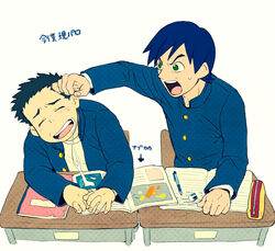  2boys arrow_(symbol) bad_id bad_pixiv_id black_hair blue_hair book closed_eyes eraser green_eyes ima_soko_ni_iru_boku looking_at_another male_focus matsutani_shuuzou mechanical_pencil multiple_boys nabuca open_mouth pencil pencil_case saliva school_uniform simple_background sweatdrop t_k_g translation_request white_background 