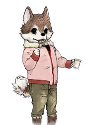  4_toes 5_fingers anthro bottomwear canid canine clothed clothing coat coiled_tail colored container cup cutlery digital_media_(artwork) eating feet fingers fully_clothed fur holding_container holding_cup holding_object holding_spoon kemono kitchen_utensils kunugi looking_at_viewer male mammal pants shirt short simple_background solo spoon tail toes tools topwear white_background young young_anthro 