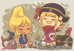  2girls aryll bird blonde_hair commentary_request hat macaw map multiple_girls neckerchief parrot pirate scarlet_macaw ship skull smile telescope tetra the_legend_of_zelda the_legend_of_zelda:_the_wind_waker treasure_chest tsutsuji twintails watercraft 