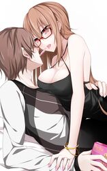  1boy breasts brown_hair cleavage commentary_request female food glasses highres large_breasts lindoh_flores long_hair original pocky red-eyes_macadamiachoco red_eyes 