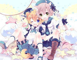  2boys :3 animal_ears bad_id bad_pixiv_id blonde_hair blue_eyes boots brown_hair cat_boy cat_ears dog_boy dog_ears dog_tail full_body green_eyes hat male_focus moriyama_shijimi multiple_boys oerba_yun_fang one_eye_closed oshitari_ken&#039;ya photoshop_(medium) sailor sailor_hat sheep shiraishi_kuranosuke shorts smile tail tennis_no_ouji-sama v 