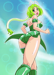  ass asu_(hengaya) bare_shoulders blue_background blush boots breasts bridal_garter commentary_request detached_sleeves female green_eyes green_hair green_leotard green_neckwear highres leotard long_hair looking_at_viewer looking_back magical_girl medium_breasts mew_lettuce midorikawa_lettuce open_mouth puffy_detached_sleeves puffy_sleeves solo tokyo_mew_mew 