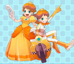  2girls ;d alternate_costume bad_id bad_pixiv_id biker_daisy blue_background blush brown_hair controller crown dress dual_persona earrings flipped_hair game_console game_controller gloves grin jewelry long_dress looking_at_viewer mario_(series) mario_kart mario_kart_wii motor_vehicle motorcycle multiple_girls one_eye_closed open_mouth orange_dress parted_lips princess_daisy puffy_short_sleeves puffy_sleeves short_sleeves simple_background sitting smile standing steering_wheel t_k_g teeth white_gloves wii wii_racing_wheel 