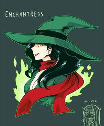  black_hair breasts character_name chibi cleavage commentary_request dc_comics enchantress_(dc) eno_(abekawa_hikozaemon_x) female green_background green_eyes hat large_breasts lipstick long_hair makeup scarf simple_background solo suicide_squad upper_body witch_hat 