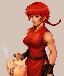  blue_eyes blush braid breasts chinese_clothes female kettle medium_breasts muscular mynare photoshop_(medium) ranma-chan ranma_1/2 red_hair short_hair solo 