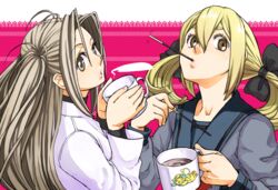  2girls airi_(robotics;notes) blonde_hair brown_eyes commentary_request cup food food_in_mouth holding holding_cup holding_food holding_pocky koujiro_frau multiple_girls pocky pocky_in_mouth robotics;notes silver_hair youne 