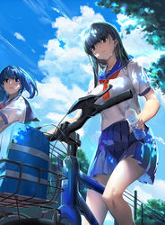  2girls bicycle bicycle_basket black_hair blue_eyes blue_hair blue_sailor_collar blue_sky blunt_bangs bottle breasts brown_eyes cloud cloudy_sky commentary day from_below guratan holding long_hair looking_at_another medium_breasts multiple_girls neckerchief original outdoors photoshop_(medium) pleated_skirt power_lines red_neckerchief riding sailor_collar school_uniform serafuku shirt skirt sky sweat utility_pole water_bottle white_shirt 