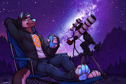  2016 3:2 anthro astronomy beverage canid canine canis clothing facial_piercing hi_res hindpaw hoodie kilowolff lip_piercing male mammal night nose_piercing outside paws piercing solo star telescope topwear tsaiwolf wolf 