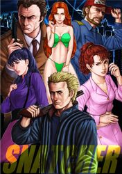  3boys 3girls bad_id bad_pixiv_id baseball_cap beard bikini breasts buttons cityscape cleavage coat collarbone cyberpunk facial_hair formal green_bikini gun handgun harry_benson hat highres holding holding_behind_back isabella_velvet jacket jean_jack_gibson katrina_gibson logo long_sleeves looking_at_viewer medium_breasts mika_slayton multiple_boys multiple_girls navel open_clothes open_jacket over_shoulder parted_lips pyramid_(structure) raikou_(yorimitsu) random_hajile realistic sawed-off_shotgun science_fiction shotgun smile snatcher standing suit swimsuit teeth weapon wrinkled_skin 