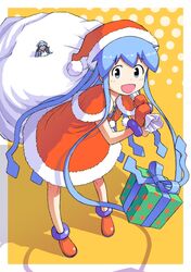  blue_hair bow bracelet commentary_request doll dress female gift hat ikamusume jeet jewelry leaning_forward long_hair mittens prehensile_hair red_mittens sack santa_costume santa_hat shinryaku!_ikamusume solo 