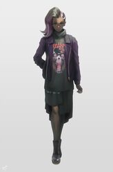  asymmetrical_hair casual commentary dark-skinned_female dark_skin english_commentary female full_body highres jacket looking_at_viewer multicolored_hair mynare overwatch overwatch_1 sidecut skirt solo sombra_(overwatch) standing turtleneck two-tone_hair undercut 