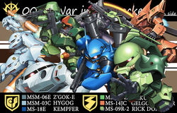  axe character_name chibi gelgoog gelgoog_jager gun gundam gundam_0080 hygogg kampfer_(mobile_suit) machine_gun mecha no_humans rick_dom_ii rocket_launcher shotgun takamaru weapon z&#039;gok z&#039;gok-e zaku zaku_ii zaku_ii_fz_kai 