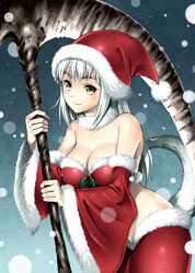  breasts christmas cleavage commentary_request covered_nipples dark_souls_(series) dark_souls_i detached_sleeves dragon_girl female fur_(clothing) fur_trim hat highres horns large_breasts long_hair old-one priscilla_the_crossbreed santa_costume santa_hat scythe smile snow solo tail weapon white_hair yellow_eyes 