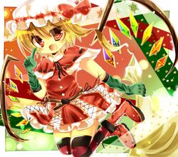  bad_id bad_pixiv_id blonde_hair female flandre_scarlet gloves hat ponytail red_eyes rito_(azusa) short_hair side_ponytail solo striped_clothes striped_thighhighs thighhighs touhou wings 