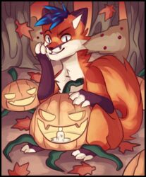  anthro biped black_border blue_hair border brown_body brown_fur candle canid canine food fox fruit fur hair jack-o&#039;-lantern looking_at_viewer male mammal orange_body orange_fur plant pumpkin sitting solo white_body white_fur yukiin 