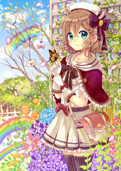  absurdres ahoge animal bag bare_tree beret bird black_bow black_ribbon black_thighhighs blue_flower blue_sky blush bow brown_hair bug butterfly capelet center_frills clip_studio_paint_(medium) cloud collarbone commentary_request day female flower frilled_capelet frills gloves glowing glowing_petals green_eyes hair_between_eyes hairbow hat heart highres hydrangea letter looking_at_viewer love_letter md5_mismatch melting on_finger orange_flower original outdoors pansy petals pink_bow pink_flower pleated_skirt purple_capelet purple_flower rainbow ribbon sakura_oriko shirt shoulder_bag skirt sky smile solo star_(symbol) thighhighs tree violet_(flower) white_flower white_gloves white_hat white_shirt white_skirt 